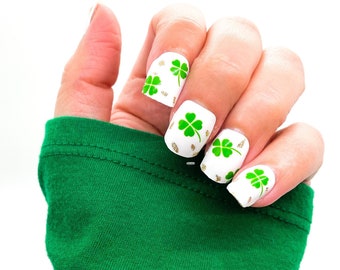 Shamrock Four Leaf Clover Green Gold/ 100% Nail Polish Wraps/ Nail Strips