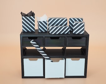 Miniature Black and White Gifts | Miniature Gift Set 7pc | Miniatures | Dollhouse Miniatures | Mini Bags | Miniature Gifts | 1:12 Scale