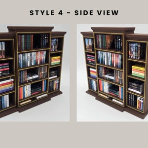 Puede incluir: Librer&iacute;a de madera marr&oacute;n con m&uacute;ltiples estantes llenos de libros de varios tama&ntilde;os y colores. La librer&iacute;a tiene un borde dorado y est&aacute; etiquetada como "STYLE 4 - SIDE VIEW".