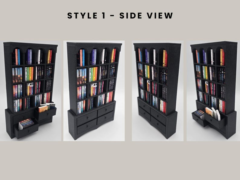 Puede incluir: Una estanter&iacute;a negra con m&uacute;ltiples estantes y cajones, llena de libros de varios colores. La estanter&iacute;a tiene una parte superior arqueada y est&aacute; etiquetada como "STYLE 1 - SIDE VIEW". Algunos cajones est&aacute;n abiertos, revelando m&aacute;s libros.