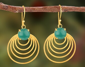 Green Onyx Earrings, Bezel Set Earrings, Brass Earrings, Birthstone Earrings, Gold Vermeil Earrings, Green Stone Earrings, Dangle Earrings
