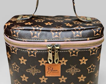 Bee Print Makeup Train Case, Faux Leather Bag with Handle