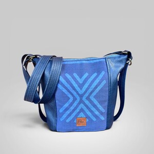 Navy Convertible Bag, Vegan Leather Crossbody with Mud Cloth Design