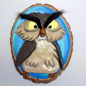 Archimedes Inspired Sculpture Handmade Clay wall hanger Owl The Sword in the Stone