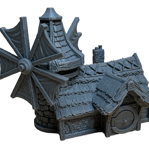 May include: A gray 3D printed miniature of a windmill with a thatched roof and a stone base. The windmill has a wooden door and a small chimney.