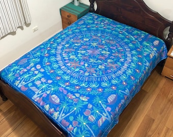 Turquoise suzani bedspread Queen size (98inX76in), vintage Asian thick home decor textile fabric, hand embroidered bedcover, bedsheet
