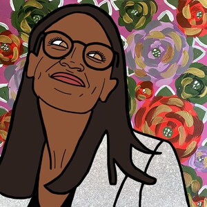 Puede incluir: Una ilustración de retrato de una persona con cabello castaño oscuro que lleva gafas y una chaqueta blanca. El fondo es un patrón floral abstracto colorido.