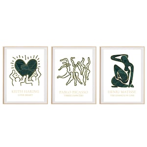 Museum Exhibition | Printable Gallery Wall | Set of 3 | Matisse, Picasso, Haring | Green Leaf Pattern