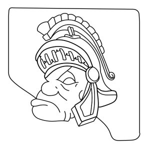 Peut inclure: Dessin au trait noir et blanc d'un visage de guerrier portant un casque avec une plume. Le guerrier a une expression sérieuse et regarde vers la droite.