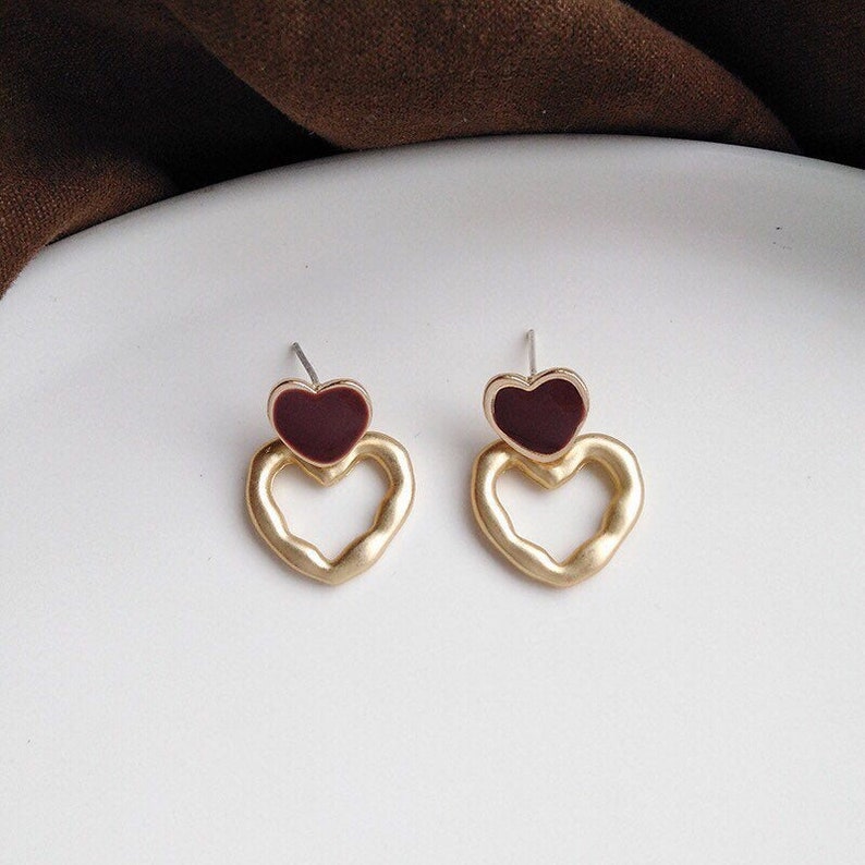 earrings studs sterling silver,925 silver cute double golden colour and red hearts stud earrings-minimalist-cute gift for girls-