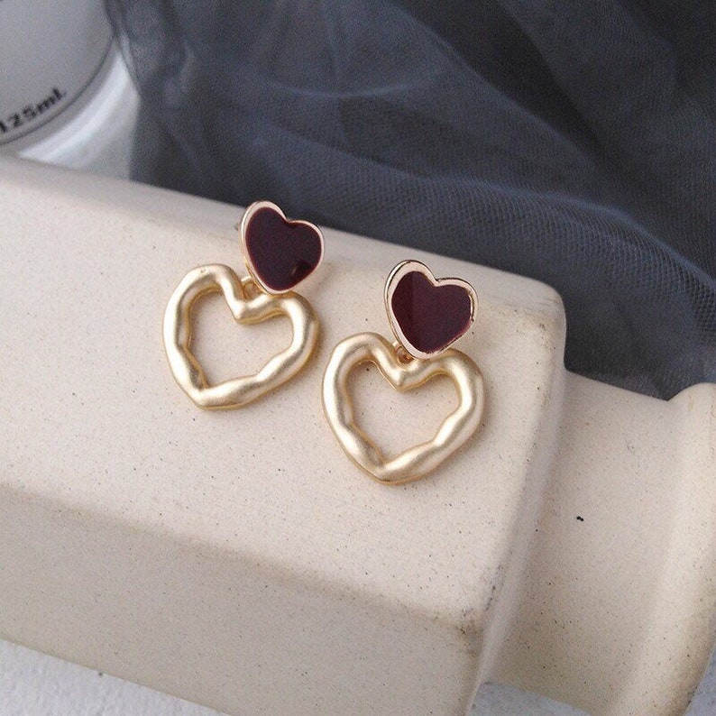 earrings studs sterling silver,925 silver cute double golden colour and red hearts stud earrings-minimalist-cute gift for girls-