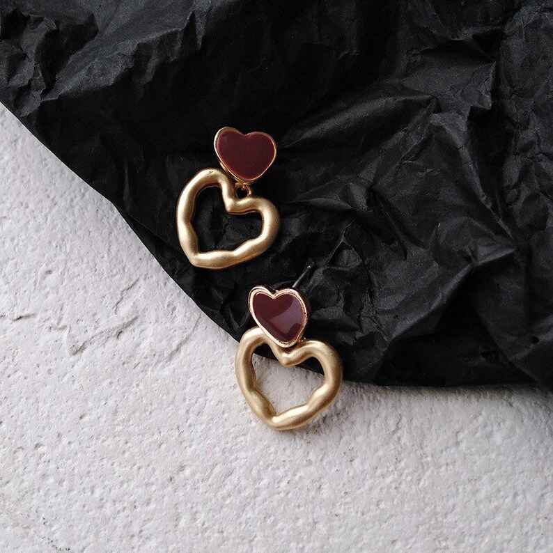 earrings studs sterling silver,925 silver cute double golden colour and red hearts stud earrings-minimalist-cute gift for girls-