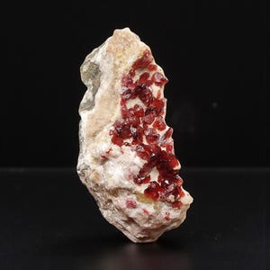 Puede incluir: Espécimen mineral natural con un grupo de cristales rojo oscuro sobre una matriz de piedra beige y blanca. Los cristales son pequeños y densos, creando una superficie texturizada. El fondo es negro.