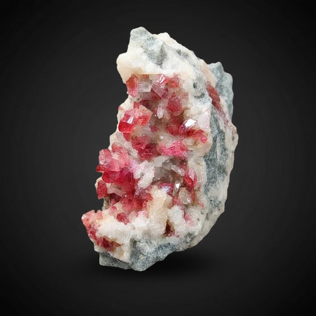 Rosalite with Calcite on Matrix – Bou Azzer Morocco – Vibrant Pink Crystals – 3×2.5×1.5 cm