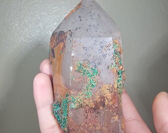 Malachite on Quartz - Tazalaght, Morocco - 13×6.5×5 cm - Weight: 475g