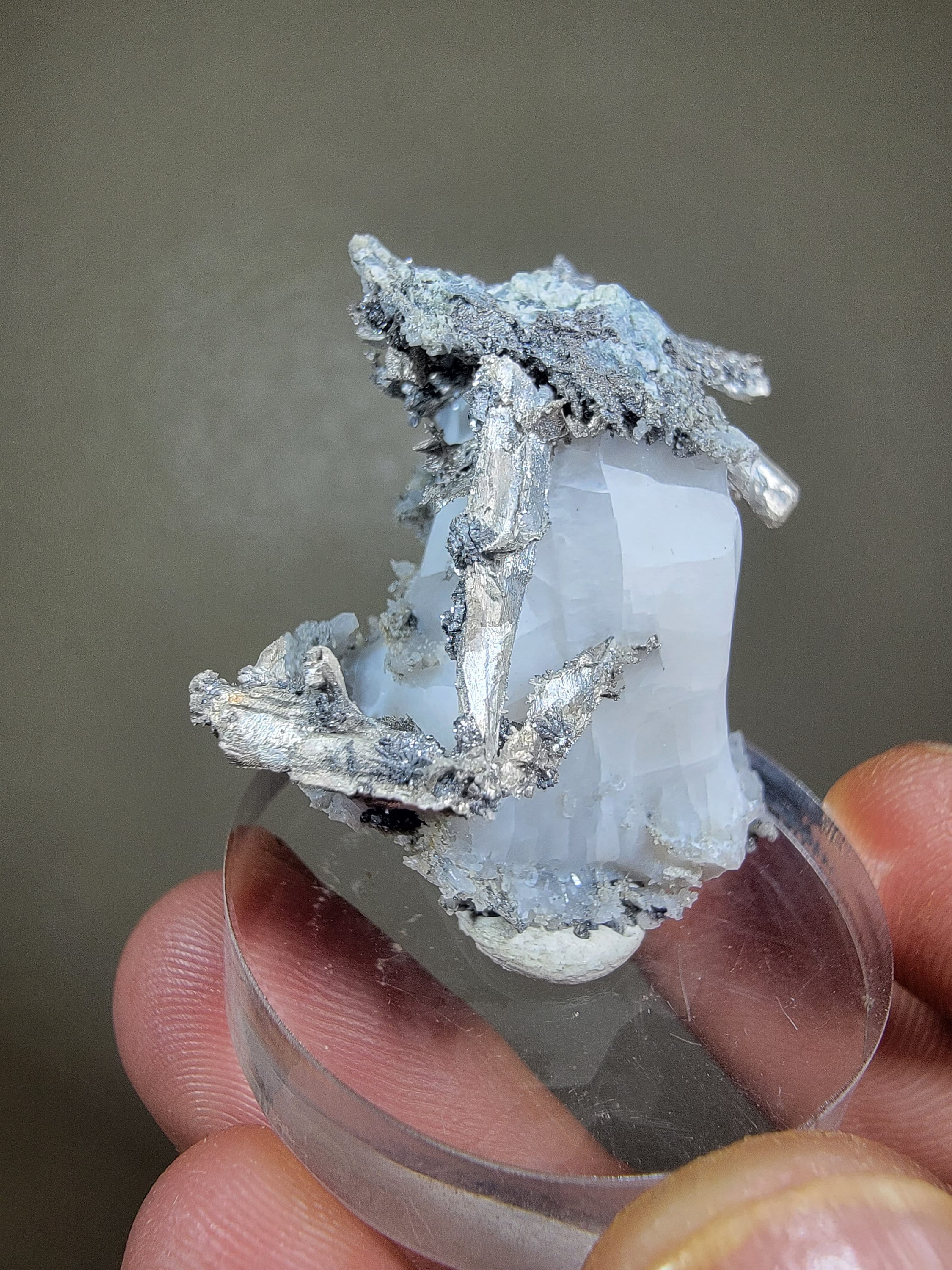 Dyscrasite Sliver on Calcite - Bouismas Mine, Bou Azzer, Morocco - 3.5×3×2.5 cm