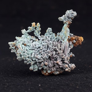 Peut inclure: Gros plan d'un spécimen minéral avec une structure complexe et ramifiée. Le minéral présente un mélange de couleurs bleu-vert pâle, gris et des touches de brun. La texture semble cristalline et rugueuse, sur fond noir.