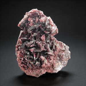 Puede incluir: Primer plano de un espécimen mineral sobre un fondo oscuro. El espécimen es un grupo de cristales de color rosa rojizo y gris oscuro. Los cristales tienen una apariencia en capas y texturizada, con algunas áreas que parecen más cristalinas.