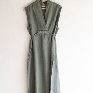 Long linen dress with chinese style neckline Green