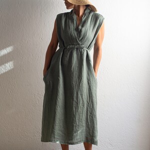 Long linen dress with chinese style neckline image 7