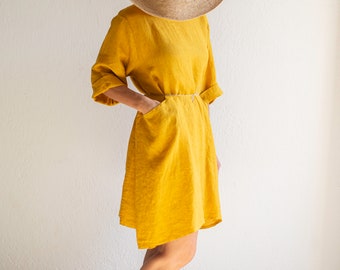 Wide linen dress, loose and comfortable.