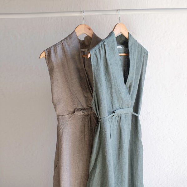 Élégante robe en lin minimaliste, attente ajustée, style oriental.