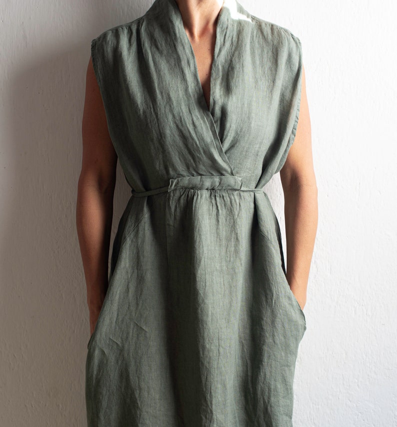 Long linen dress with chinese style neckline image 3