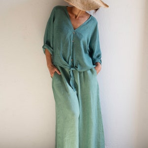 Wide linen pants, women linen trousers. Green