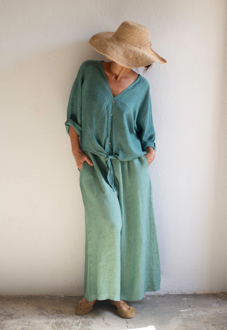 Wide linen pants, women linen trousers. Green