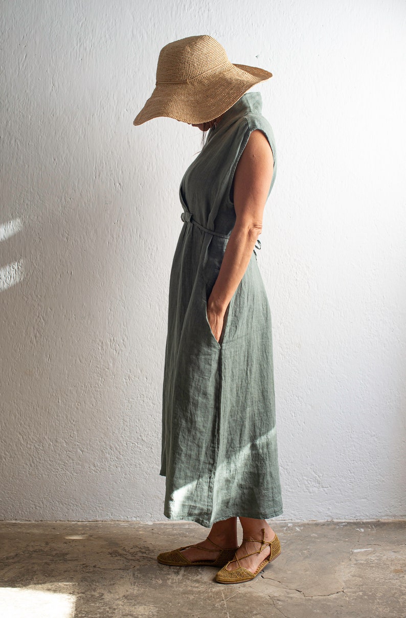 Long linen dress with chinese style neckline image 2