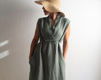 Long linen dress with chinese style neckline