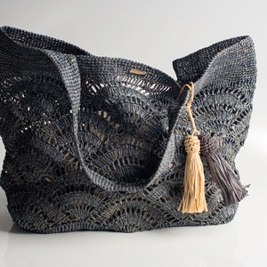 Bolso artesanal de rafia, bolso mujer, bolso verano, natural, tejido a mano, hecho en Madagascar, bolso de hombro, bolso de paja gris azul