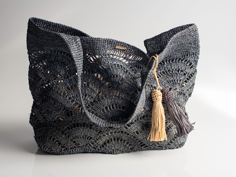 Bolso artesanal de rafia, bolso mujer, bolso verano, natural, tejido a mano, hecho en Madagascar, bolso de hombro, bolso de paja gris azul