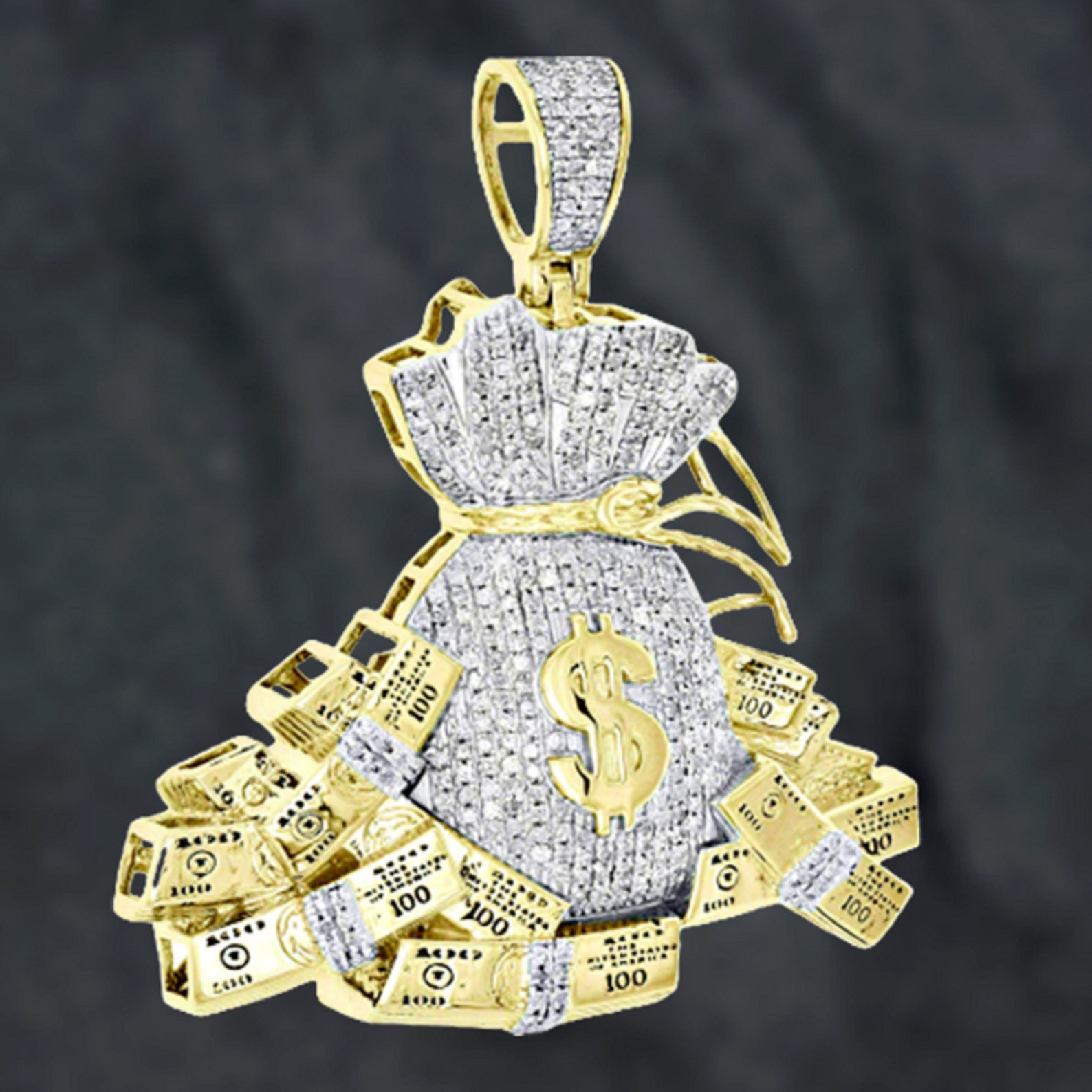 3.5 Round Cut Diamond Money Bag 100 Dollar Stacks Pendant 14k | Etsy