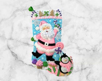 Finished Bucilla Lollipop Santa Christmas Stocking | Personalized Handmade Felt Stocking | Family Heirloom Gift