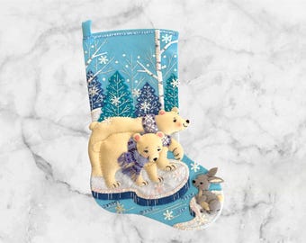 Finished Bucilla Polar Bear Pair Christmas Stocking | Personalized Handmade Felt Stocking | Family Heirloom Gift