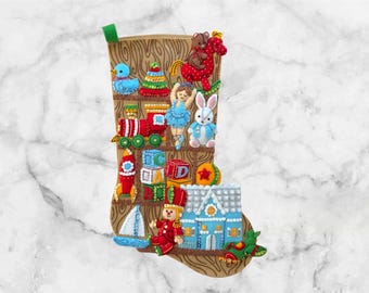 Finished Bucilla Toyland Treasures Christmas Stocking | Personalized Handmade Felt Stocking | Family Heirloom Gift