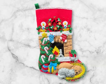 Made to Order Bucilla Christmas Stocking -Holiday Hearth Handmade Felt Holiday Decor Completed Personalized
