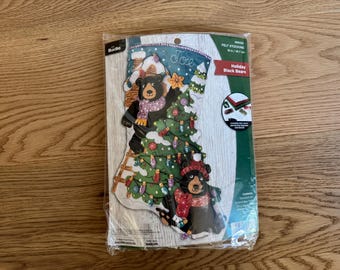 Handmade Felt Christmas Stocking: Holiday Black Bears, Personalized