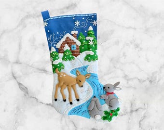 Finished Bucilla Snowy Retreat Christmas Stocking | Personalized Handmade Felt Stocking | Family Heirloom Gift