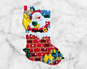 Finished Bucilla Jolly Chimney Santa Christmas Stocking | Personalized Handmade Felt Stocking | Family Heirloom Gift