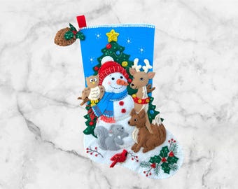 Finished Bucilla Woodland Snowman Christmas Stocking | Personalized Handmade Felt Stocking | Family Heirloom Gift