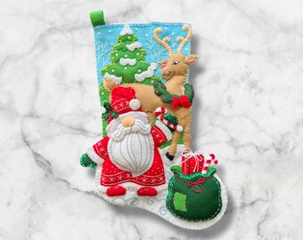 Finished Bucilla Christmas Stocking: Gnomes Snowy Surprise, Handstitched Felt Holiday Decor