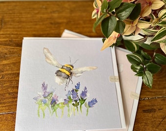 Lavender Bee Handmade Cards, Print of Original Watercolour Painting