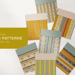 May include: A set of 20 ethnic patterns in various colours and designs. The patterns are displayed on fabric swatches and include geometric shapes, stripes, and abstract designs.