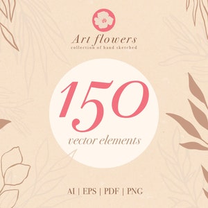 Puede incluir: Un fondo beige con un círculo que contiene el número 150 en texto rosa. El texto "Art flowers" y "collection of hand sketched" están por encima del círculo. El texto "vector elements" está debajo del círculo. El texto "AI | EPS | PDF | PNG" está en la parte inferior de la imagen. El fondo está decorado con dibujos de líneas marrones de hojas y ramas.