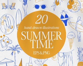 Hand-Drawn Summer Illustrations: PNG, EPS Clipart Bundle (Digital Download)