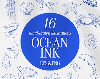 Paquete de imágenes prediseñadas de arte náutico: Animales marinos dibujados a mano (PNG y EPS)