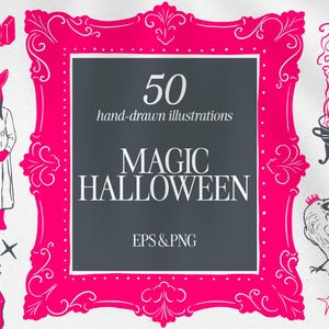 Puede incluir: Ilustración de 50 dibujos a mano sobre el tema de Halloween. La imagen presenta un marco rosa con las palabras "MAGIC HALLOWEEN". Otras ilustraciones incluyen un gato negro, un caldero, una figura enmascarada de conejo y una botella de poción.