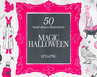 Magisches Halloween — 50 Handgezeichnete Illustrationen | PNG & EPS Clipart | Rahmen, Ornamente, Katzen, Tränke, Mystische Elemente